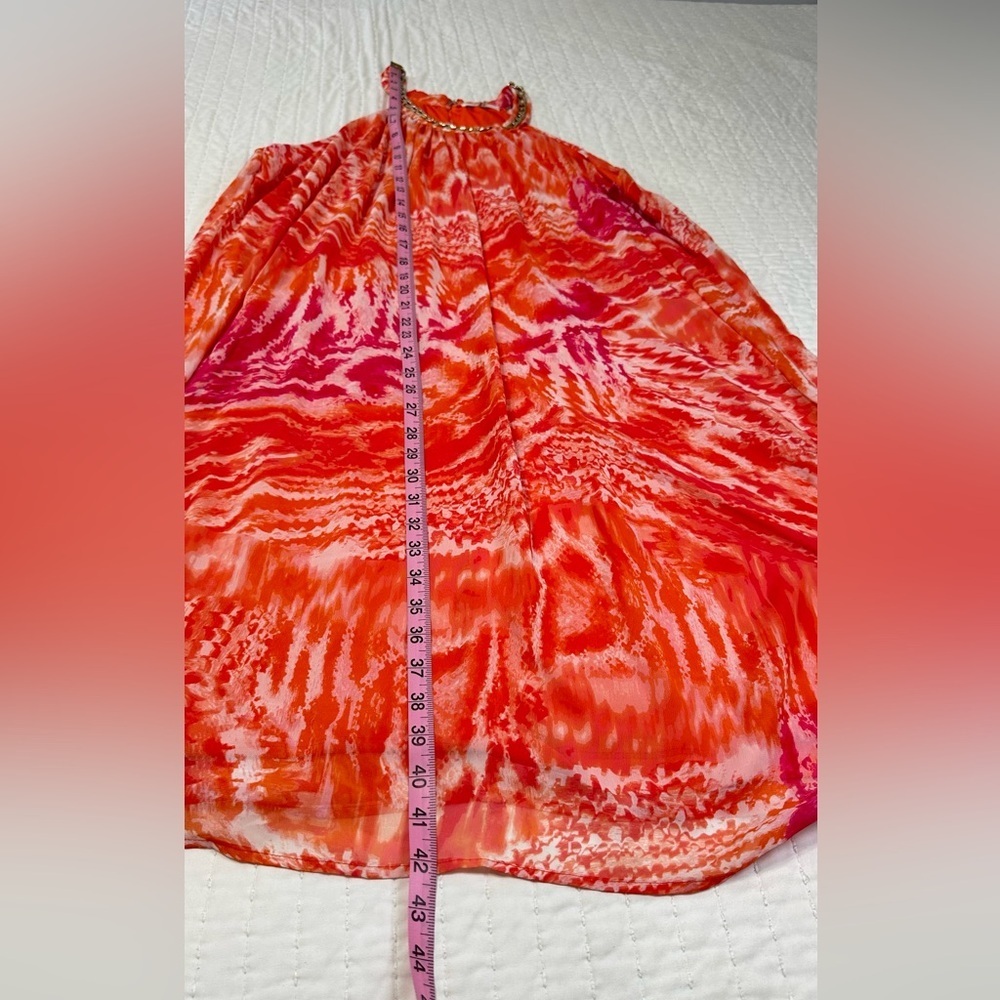 Calvin Klein Halter Orange Print Shift Dress with Gold Chain Trim Around Neck - Picture 5 of 9